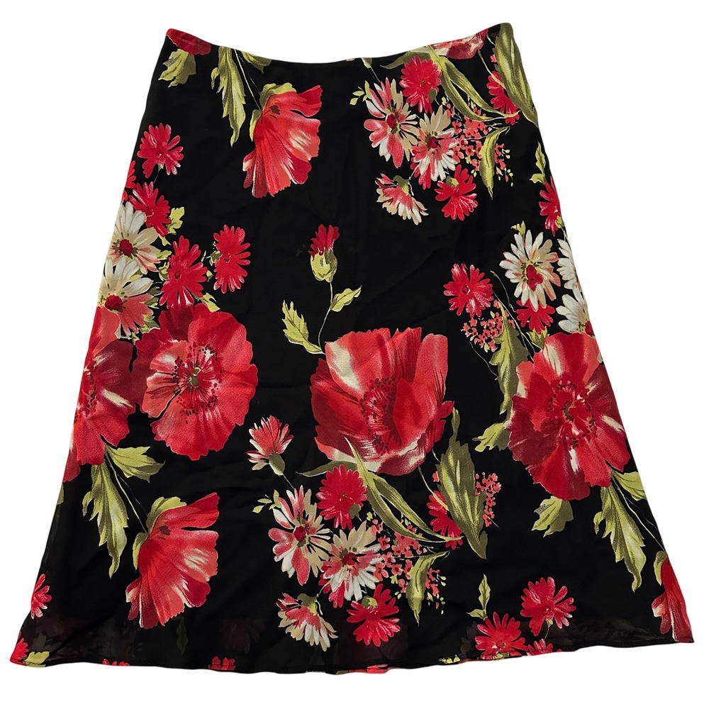 VTG Lily Floral Midi Skirt Sz XL Black Red Poppy 90s Whimsigoth Fairy Y2K Grunge